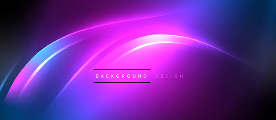 Neon glowing circle rays, light round lines in the dark, planet style neon wave lines. Energetic electric concept design for wallpaper, banner, background