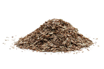 Heap of dried dill seeds isolated on white background