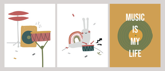Music is my life. Set of postcard about the music festival. Concept of musician, drummer. Hand drawn vector illustration. set of postcard music instrument in doodle style.