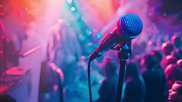 Concert microphone on stage with neon lights. Close-up of microphone on stage against a dark background with neon lighting and smoke. The silhouette of the microphone in the dark. Music instrument 4k