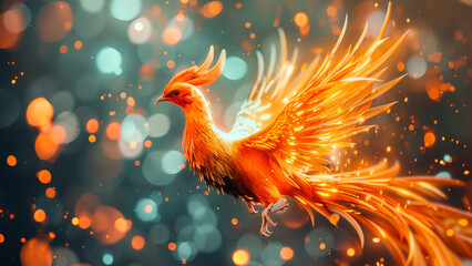 Fototapeta premium A stunning digital illustration of a phoenix with glowing orange feathers, demonstrating its mythical and ethereal beauty in vibrant colors.
