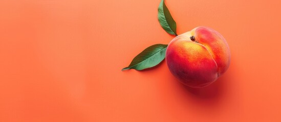 Flat lay arrangement of a juicy peach on an orange backdrop with a sensual theme