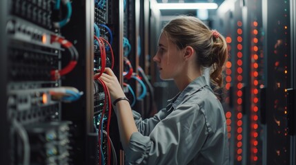 Woman, cable, and engineer investigate cloud computing in server room. IT, wire and technician in data center, networking in maintenance, or system admin cybersecurity