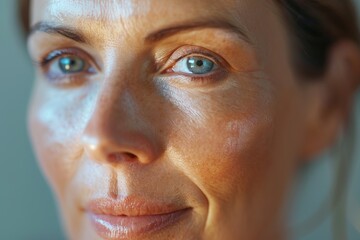 Obraz premium Radiant Woman with Flawless Skin Showcasing Hydrated Complexion and Biorevitalization Results