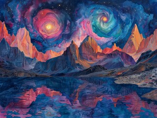 Dreamy Pastel Peaks: Surreal Landscape with Vibrant Pink and Blue Mountains under Detailed Night Sky