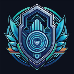 Obraz premium A stylized, futuristic logo in blue tones featuring a shield with wings and a central, intricate design incorporating a heart, A futuristic logo incorporating elements of biometric technology