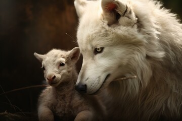 Obraz premium Serene image capturing a rare peaceful encounter between a wolf and a lamb