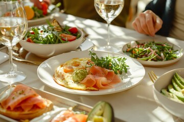 Elegant Brunch with Friends: Keto Dishes of Smoked Salmon, Frittatas, Avocado Salads, Wine - Perfect for Posters