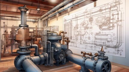 Pump and valve manufacturer drawing engineering plans for a pumping station in an office.