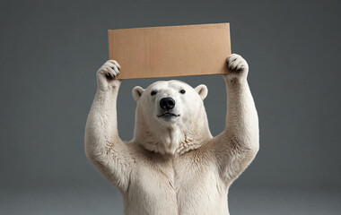 Concerned polar bear holding a sign above his head, advocating for the protection of its melting Arctic habitat.