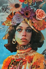 a collage of a woman with flowers on her head