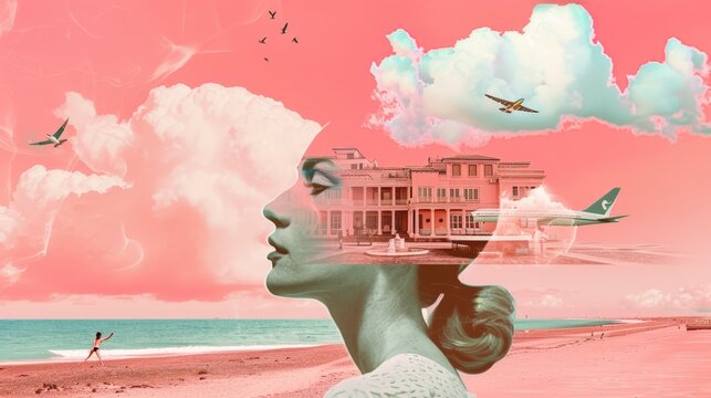 a woman with her head in the clouds and a plane flying over her