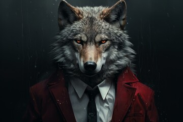 A digital artwork of a wolf with human clothing symbolizing leadership and wild instincts