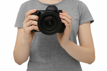 Photographer with camera on white background, closeup