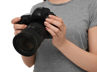 Photographer with camera on white background, closeup