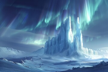 Fototapeta premium an image of a snowy mountain with aurora lights