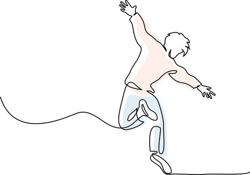 recommend clip art: Happy teenager jumping and dancing. Continuous one line drawing.