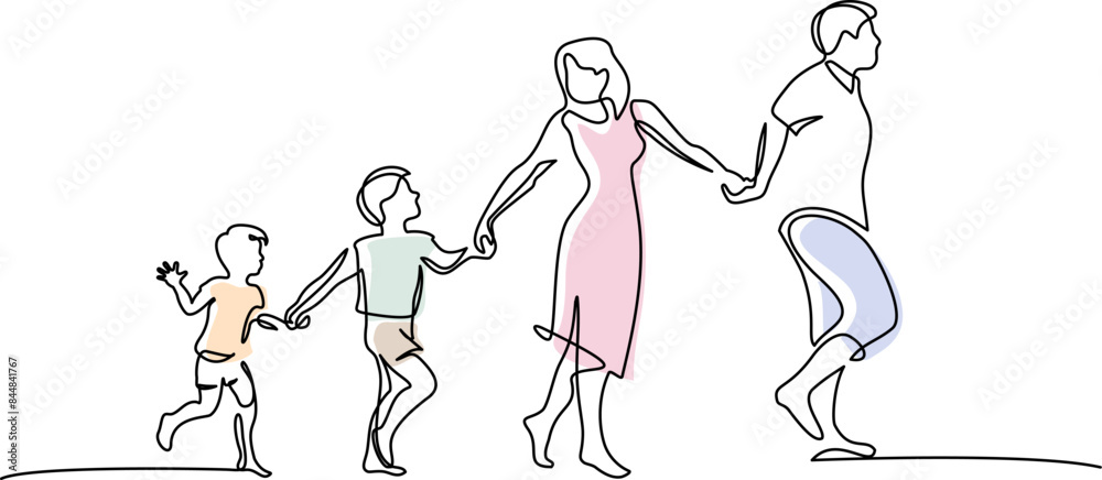 Wall mural Family walk together holding hands. Continuous one line drawing.