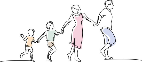 Family walk together holding hands. Continuous one line drawing.