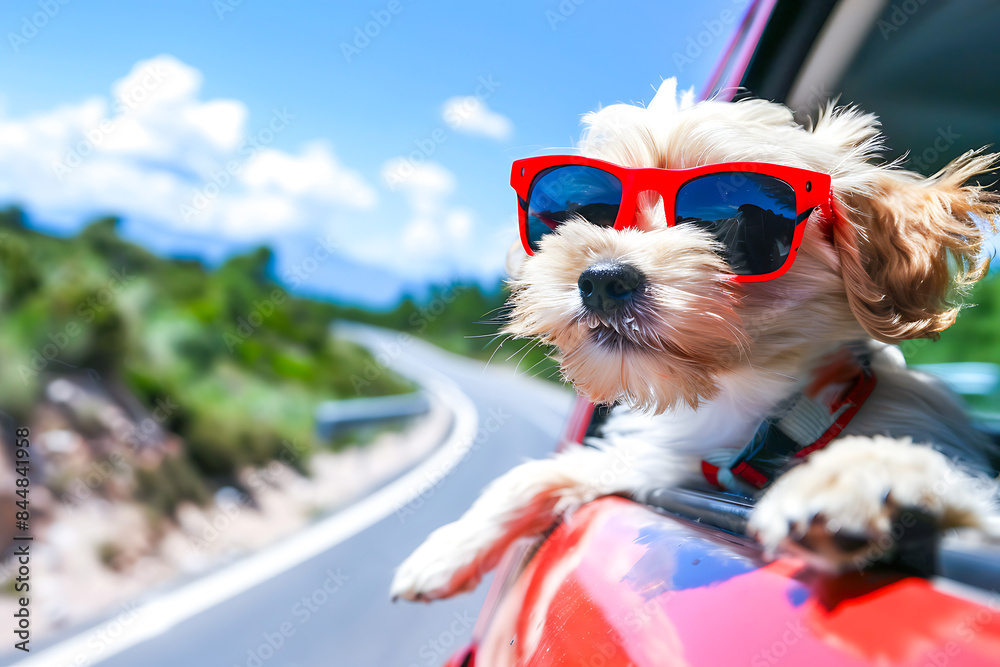 Wall mural Adorable Dog Wearing Red Sunglasses Enjoying a Car Ride on a Sunny Day with Scenic Background - Wall murals