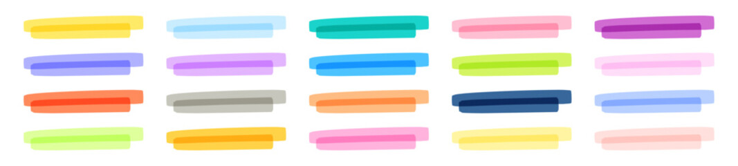 Obraz premium Colorful marker highlights and pen underlines with brush strokes. Text lines and doodle marks. Hand drawn highlight elements. Flat vector illustration isolated on white background.