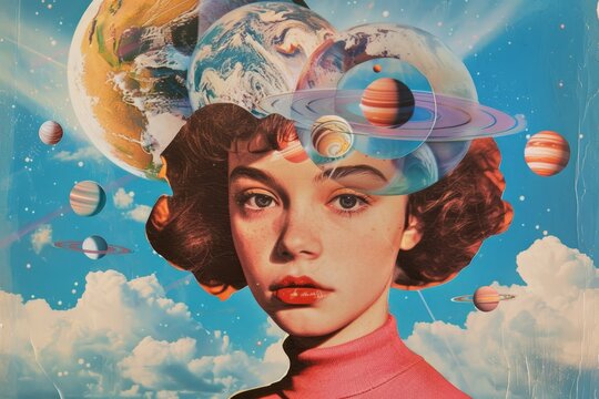 a woman with a head full of planets and stars