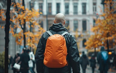 Fototapeta premium A man wearing a black jacket and orange backpack walks down a street. There are other people walking down the street as well