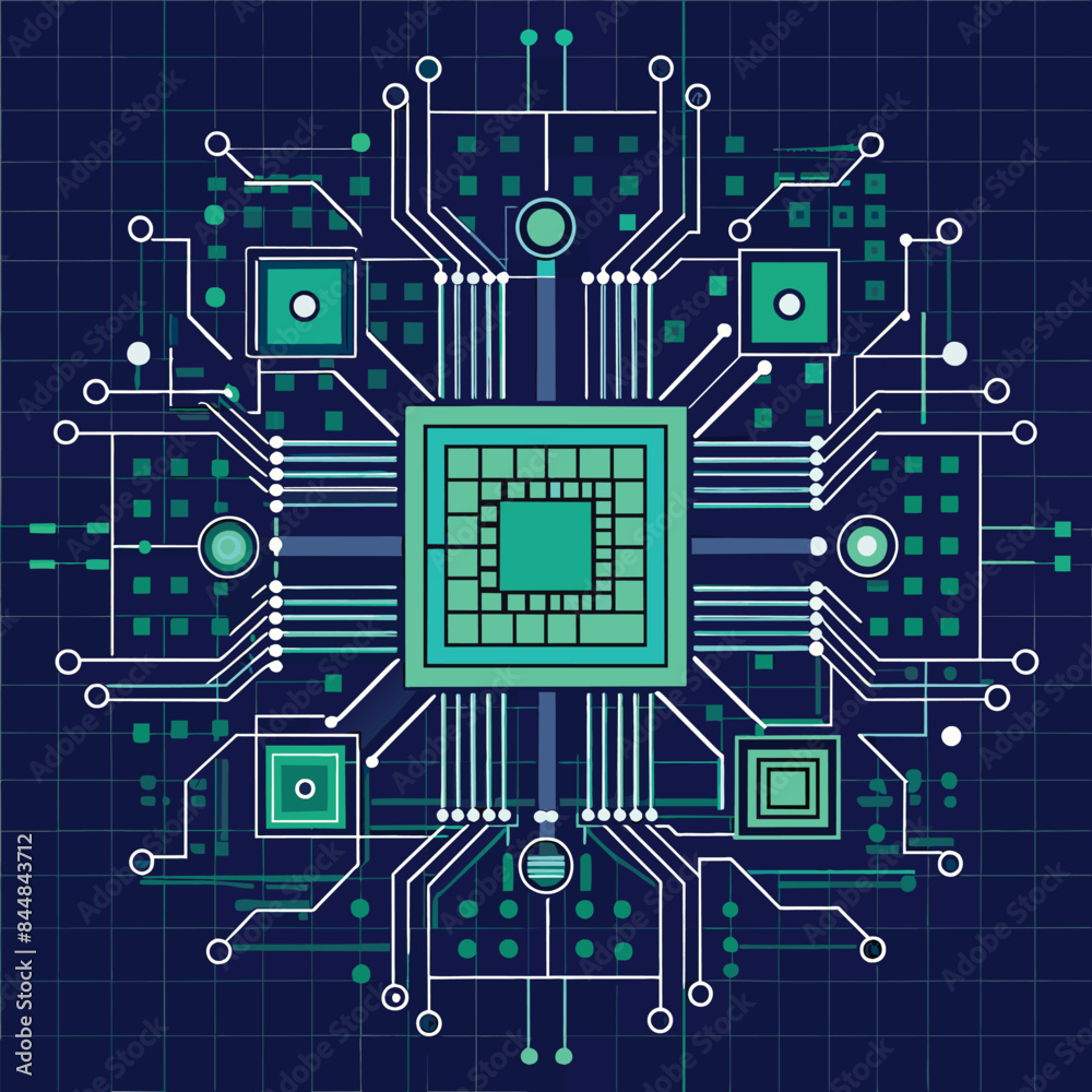 Poster a stylized circuit board design with a grid-like pattern and green and blue colors, a grid-like patt