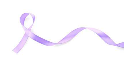 Violet awareness ribbon isolated on white, top view
