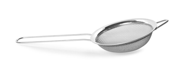 One metal sieve isolated on white. Cooking utensil