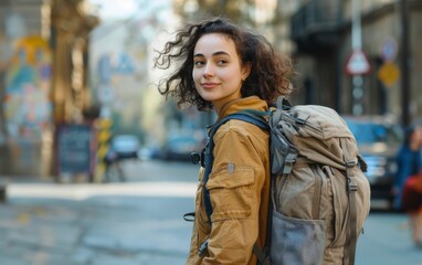 Fototapeta premium A woman with a backpack is standing on a city street. She is smiling and looking at the camera