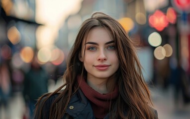 Obraz premium A woman with long brown hair and a red scarf is standing in a busy city street. She is smiling and looking directly at the camera