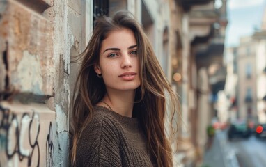 Obraz premium A woman with long brown hair stands in front of a brick wall. She is wearing a brown sweater and has a smile on her face. The image has a warm and friendly vibe, with the woman looking happy