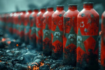 A row of red bottles with stars on them. The bottles are dirty and rusted. The image has a dark and eerie mood