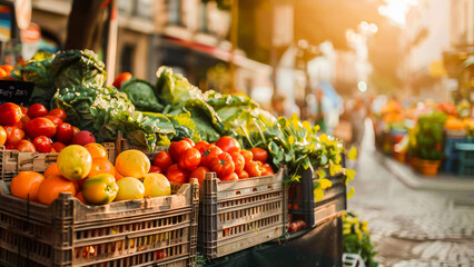 Fresh vegetables and fruits on display at a vibrant street market stall under the sunlight, perfect for healthy eating themes.