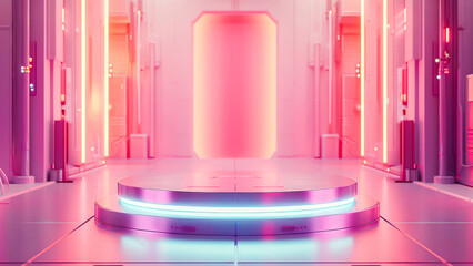 Futuristic sci-fi interior with glowing neon lights, modern technology, and a sleek design. Perfect for high-tech concepts and virtual reality themes.