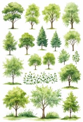 Watercolor art of green trees on white background, depicting natural landscape