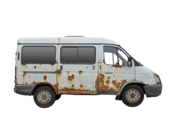 Destroyed rusty unmarked white van. Isolated on a white, transparent background. Scrap metal. A broken down car. Old truck. The minibus is rusty.