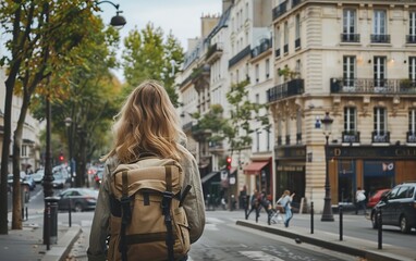 Fototapeta premium A woman with a backpack is walking down a city street. The scene is bustling with activity, with several people walking and cars parked along the curb. The woman is in a hurry