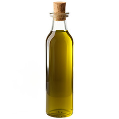 A clear glass bottle filled with golden olive oil, sealed with a natural cork stopper