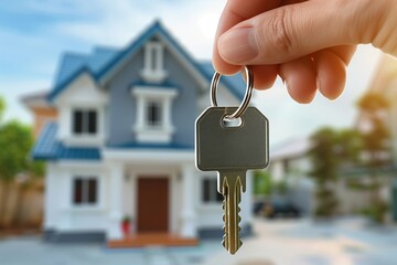 A person is holding a key in front of a house