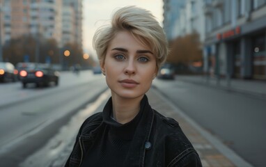 Fototapeta premium A woman with blonde hair and blue eyes stands on a city street. She is wearing a black jacket and a black shirt. The street is busy with cars and trucks. The scene is bustling and lively