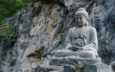 Fototapeta premium A statue of a Buddha sitting on a rock. The statue is made of stone and has a serene expression. The rock it is sitting on is surrounded by a rocky cliff, giving the scene a peaceful