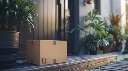 Cardboard box delivered to front porch in sunlight