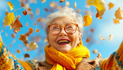 Joyful senior woman enjoying falling autumn leaves under blue sky. Cheerful and vibrant seasonal portrait. Concept for autumn happiness.