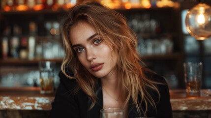 Woman sitting at bar with long blonde hair