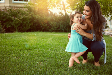 Happy, mom and toddler with care in backyard for outdoor joy, growth and love in child development....