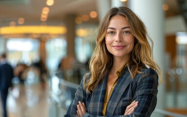 Obraz premium A woman with long brown hair is standing in a hallway with her arms crossed. She is smiling and looking directly at the camera