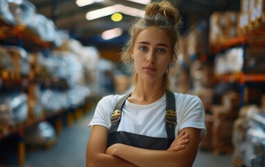 Fototapeta premium A woman stands in a warehouse with her arms crossed. She is wearing a white shirt and apron