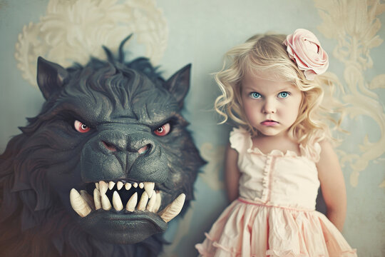 Ironic portrait of a curly-haired girl with monster are angrily terrible tries to frighten everybody